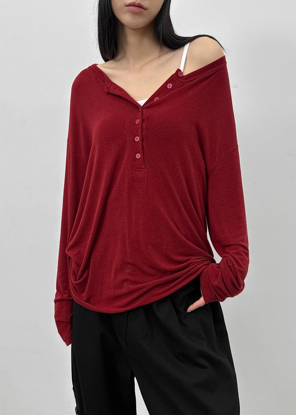 Flaming Loose Fit Henley Neck Wool Long Sleeve T-shirt