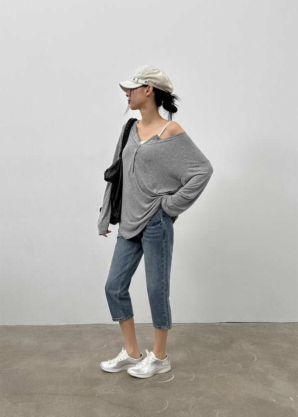 Flaming Loose Fit Henley Neck Wool Long Sleeve T-shirt