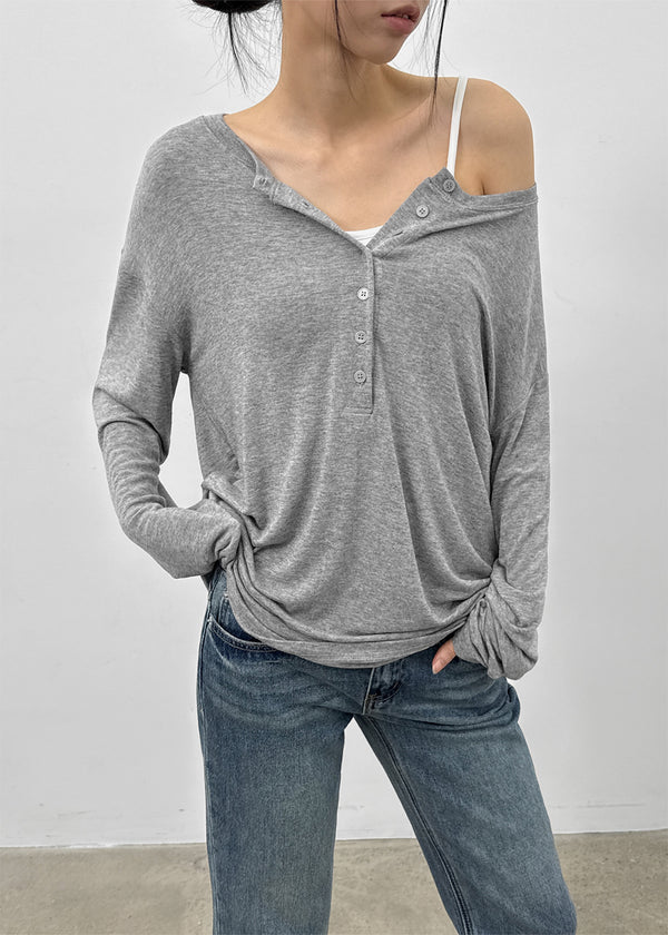 Flaming Loose Fit Henley Neck Wool Long Sleeve T-shirt
