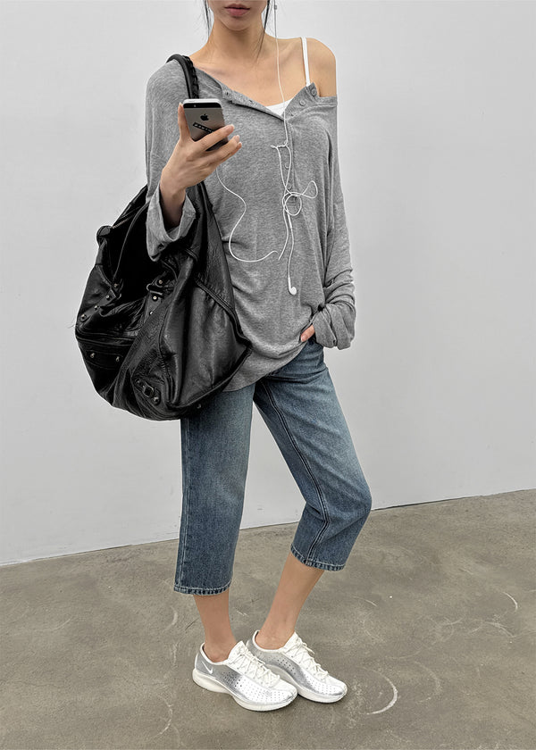 Flaming Loose Fit Henley Neck Wool Long Sleeve T-shirt