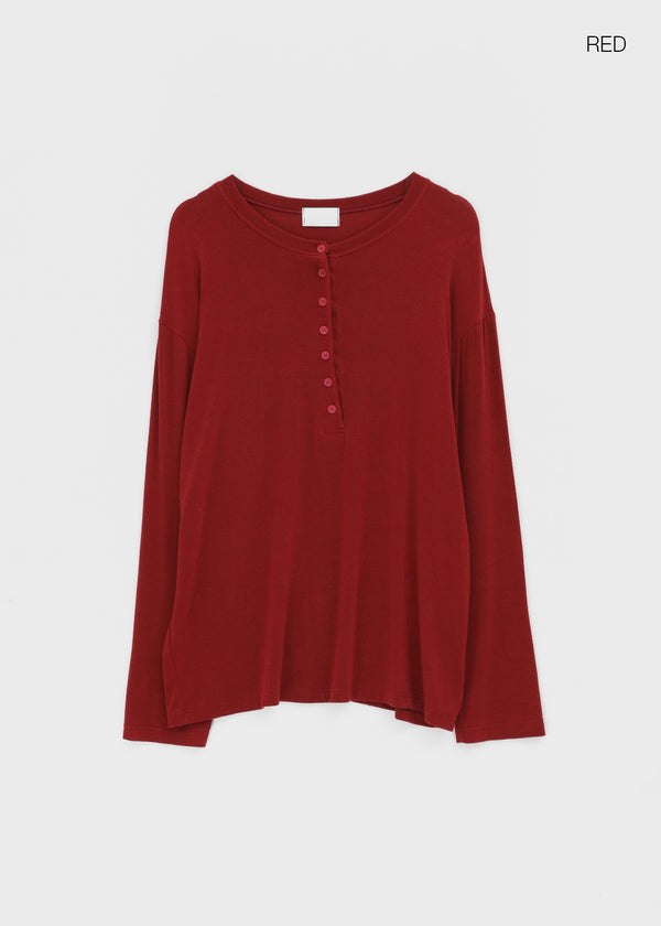 Flaming Loose Fit Henley Neck Wool Long Sleeve T-shirt