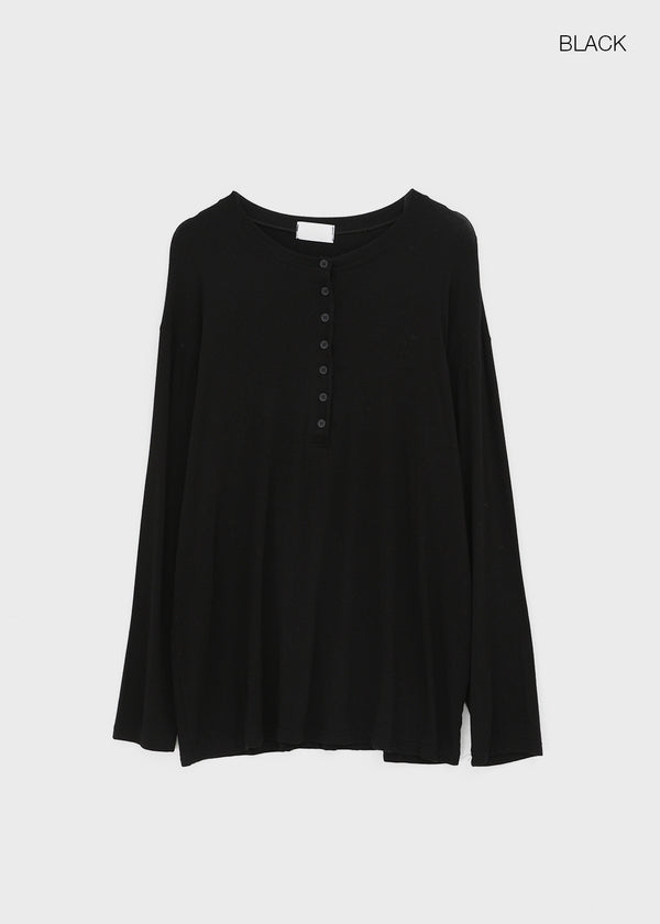 Flaming Loose Fit Henley Neck Wool Long Sleeve T-shirt