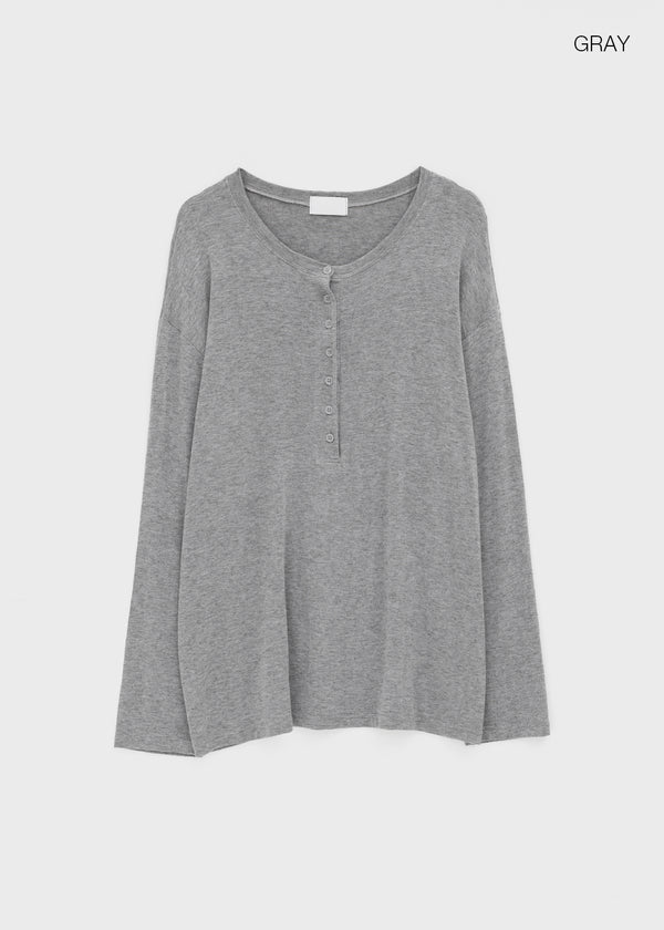 Flaming Loose Fit Henley Neck Wool Long Sleeve T-shirt