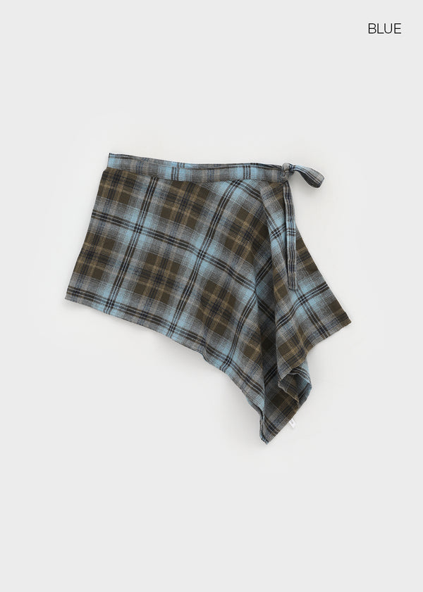 Midal Check Unbalanced Layered Wrap Skirt