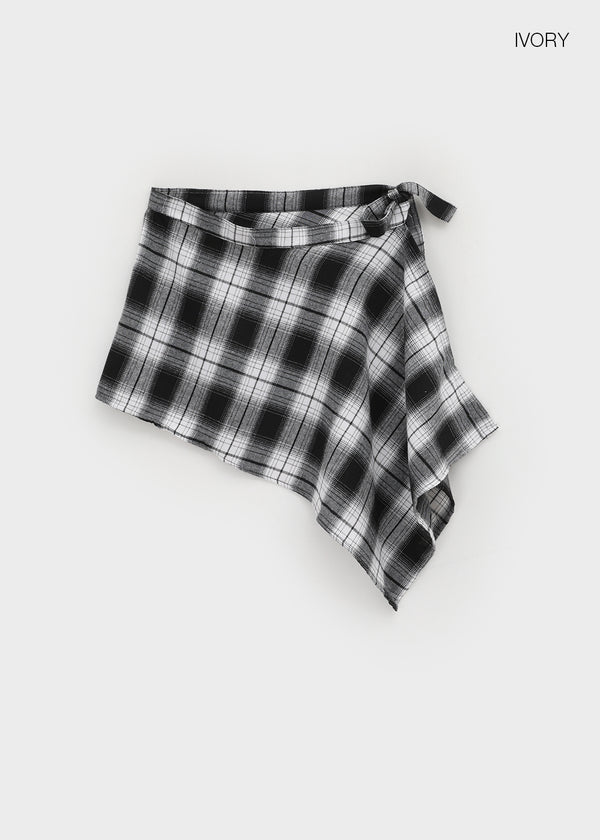Midal Check Unbalanced Layered Wrap Skirt