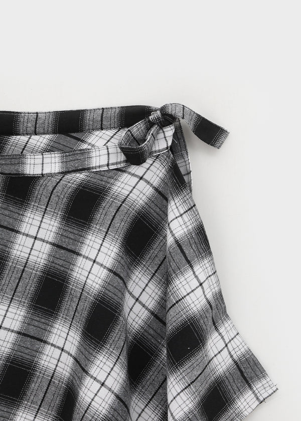 Midal Check Unbalanced Layered Wrap Skirt