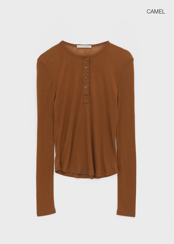 Delke Henley Neck Button Long Sleeve T-shirt (30% Wool)