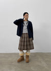 Nushin Outer Fleece Banding Pleated Check Midi Skirt