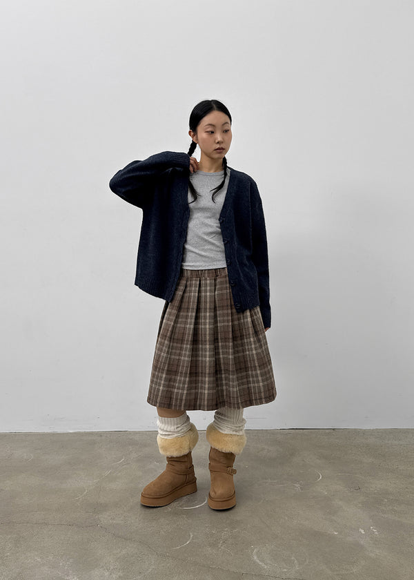 Nushin Outer Fleece Banding Pleated Check Midi Skirt