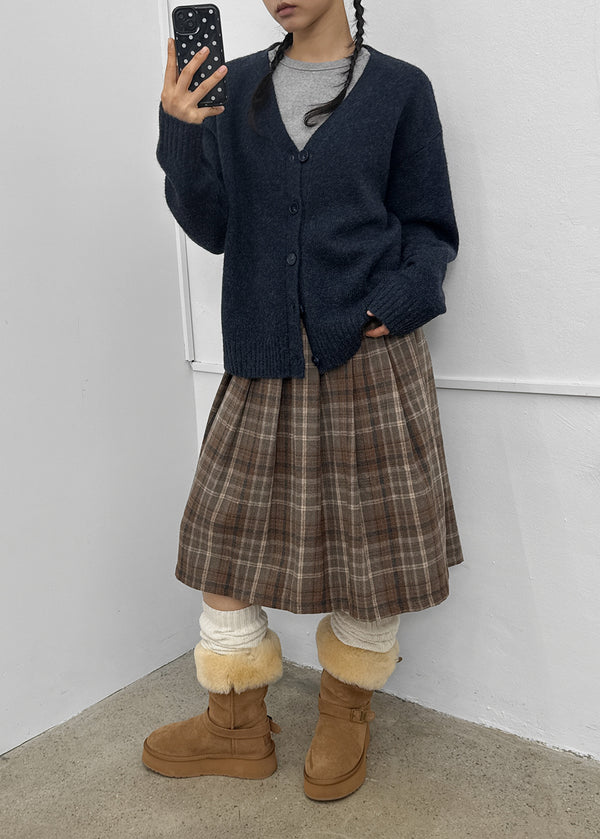 Nushin Outer Fleece Banding Pleated Check Midi Skirt