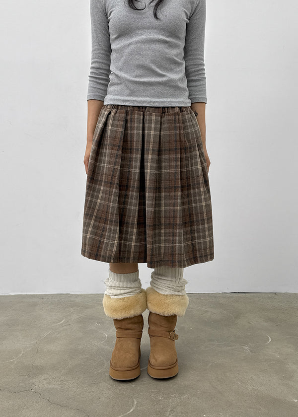 Nushin Outer Fleece Banding Pleated Check Midi Skirt