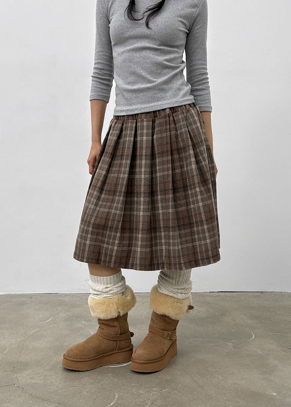 Nushin Outer Fleece Banding Pleated Check Midi Skirt