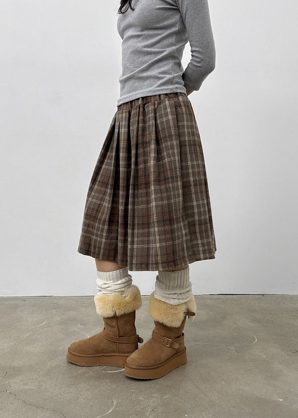 Nushin Outer Fleece Banding Pleated Check Midi Skirt