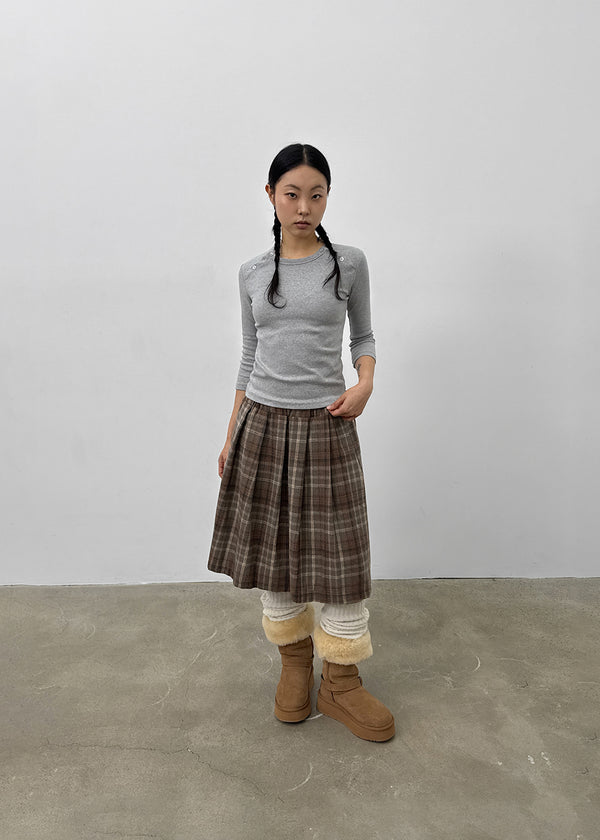 Nushin Outer Fleece Banding Pleated Check Midi Skirt