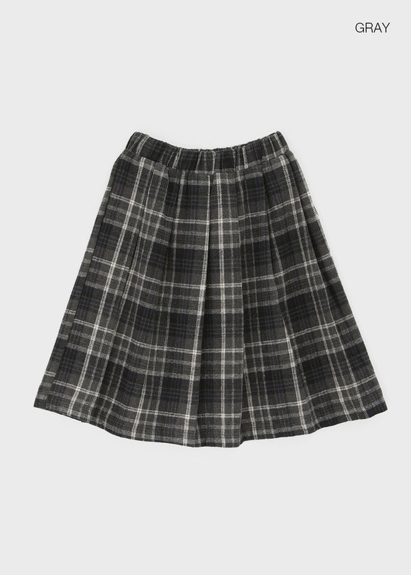 Nushin Outer Fleece Banding Pleated Check Midi Skirt