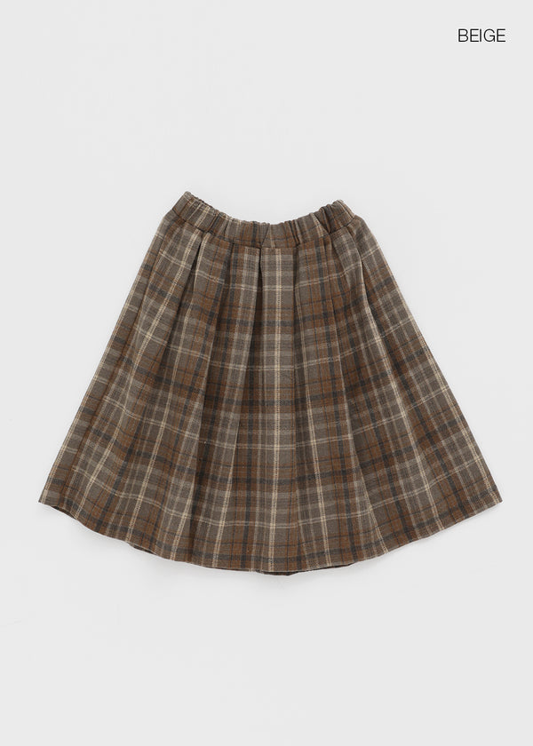 Nushin Outer Fleece Banding Pleated Check Midi Skirt