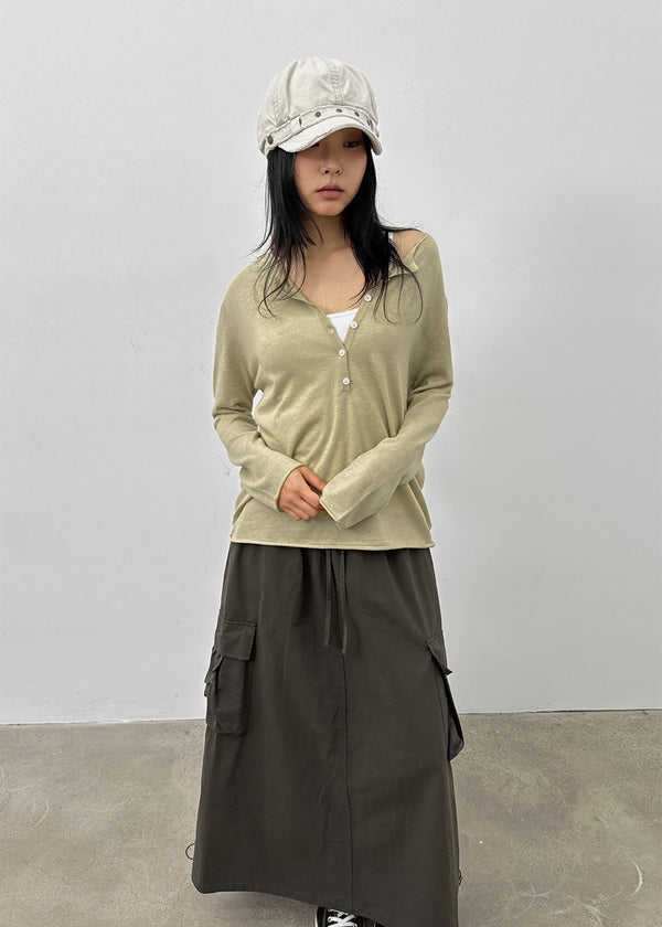 Lambdo Loose Fit Henley Neck Knit Long Sleeve T-shirt