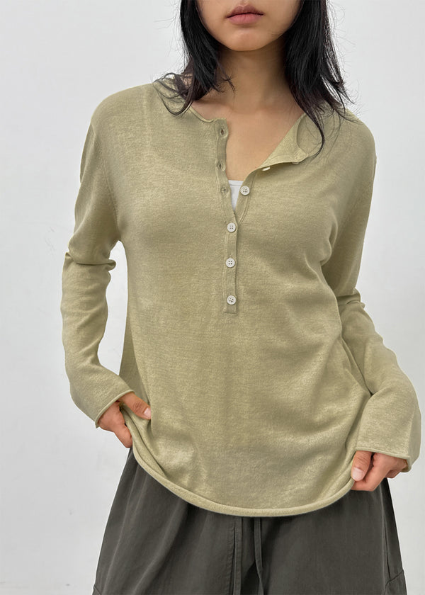 Lambdo Loose Fit Henley Neck Knit Long Sleeve T-shirt