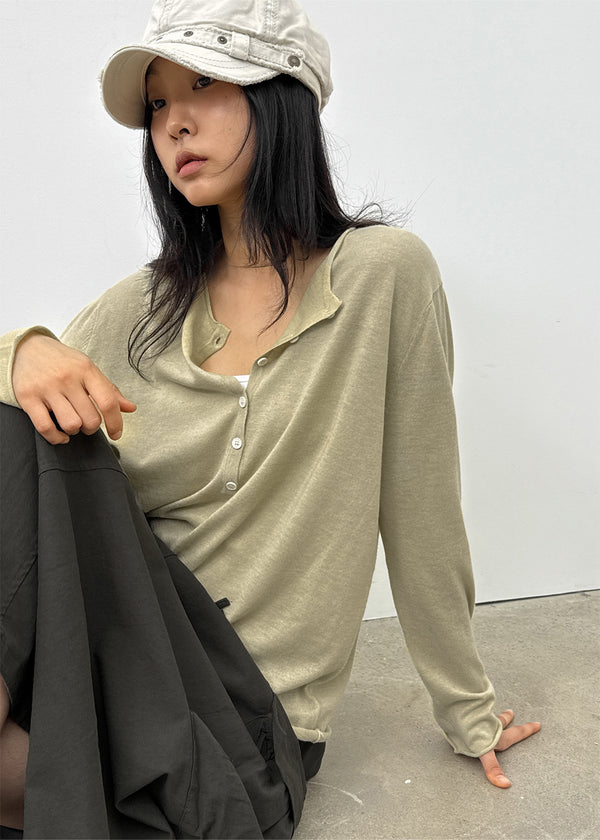 Lambdo Loose Fit Henley Neck Knit Long Sleeve T-shirt