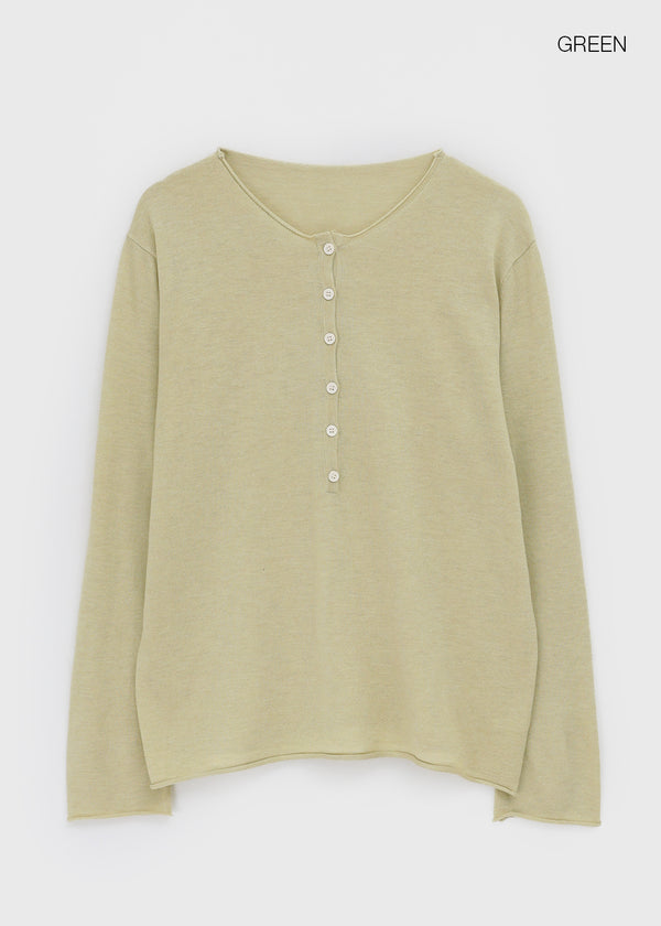 Lambdo Loose Fit Henley Neck Knit Long Sleeve T-shirt