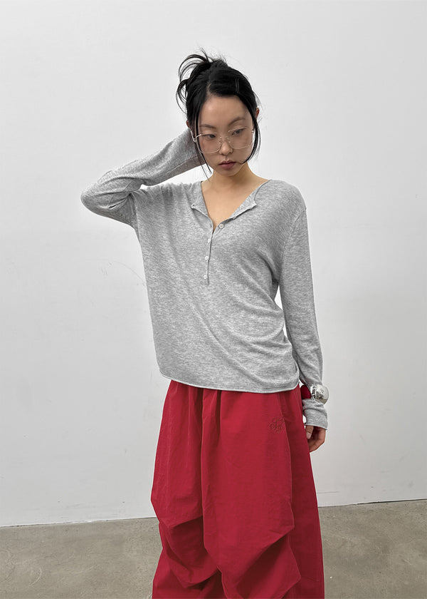 Lambdo Loose Fit Henley Neck Knit Long Sleeve T-shirt