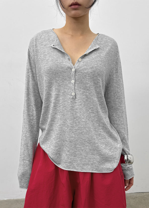 Lambdo Loose Fit Henley Neck Knit Long Sleeve T-shirt