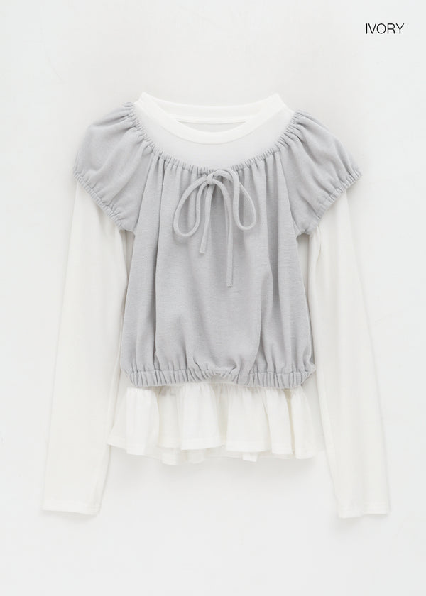 Ninning Set - Puff Short-sleeved T-shirt, Tension Frill Long-sleeved T-shirt