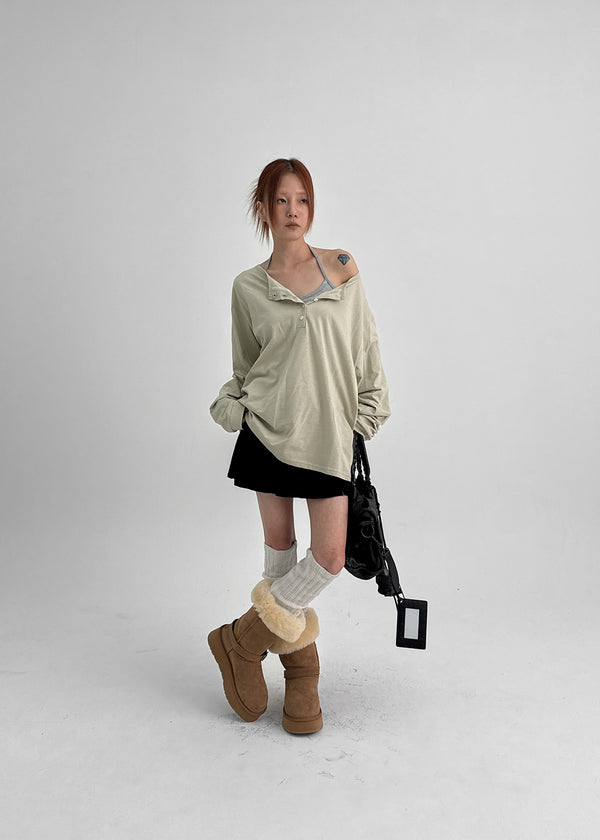 Diamon Loose Fit Henley Neck Long Sleeve Tee