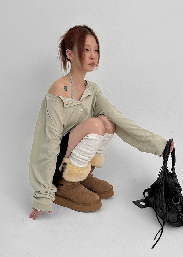 Diamon Loose Fit Henley Neck Long Sleeve Tee