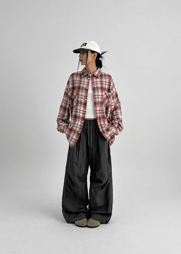 (UNISEX) Kenro Overfit Peach Fleece Check Shirt