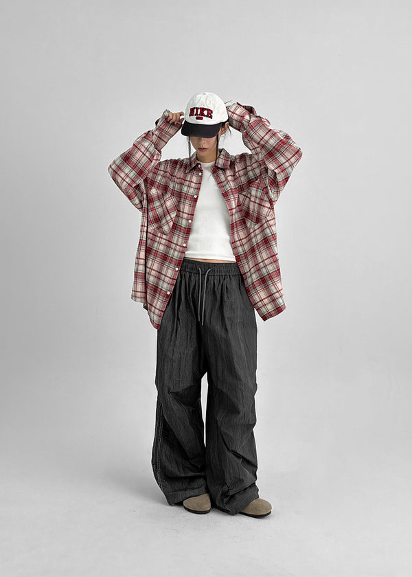 (UNISEX) Kenro Overfit Peach Fleece Check Shirt