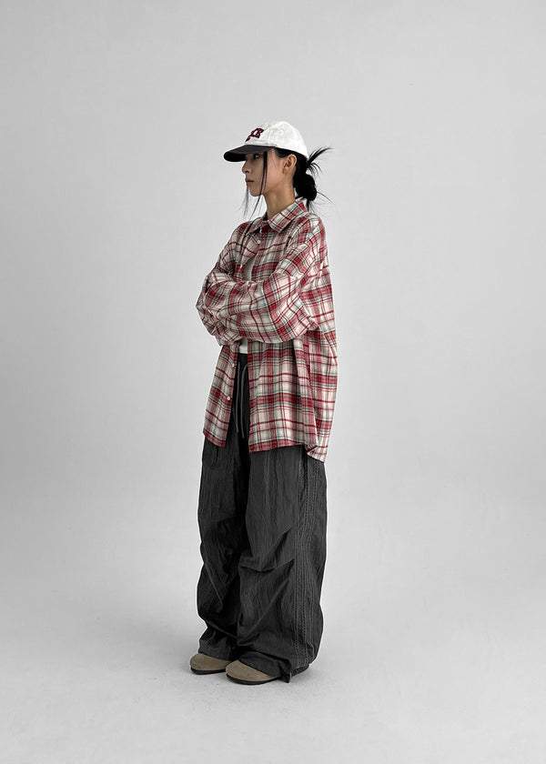 (UNISEX) Kenro Overfit Peach Fleece Check Shirt