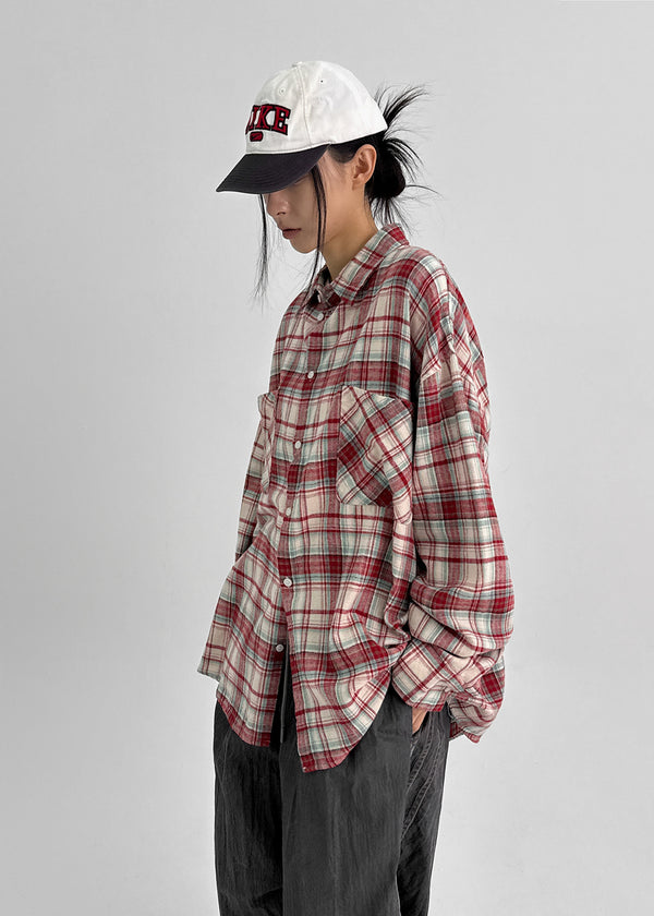 (UNISEX) Kenro Overfit Peach Fleece Check Shirt