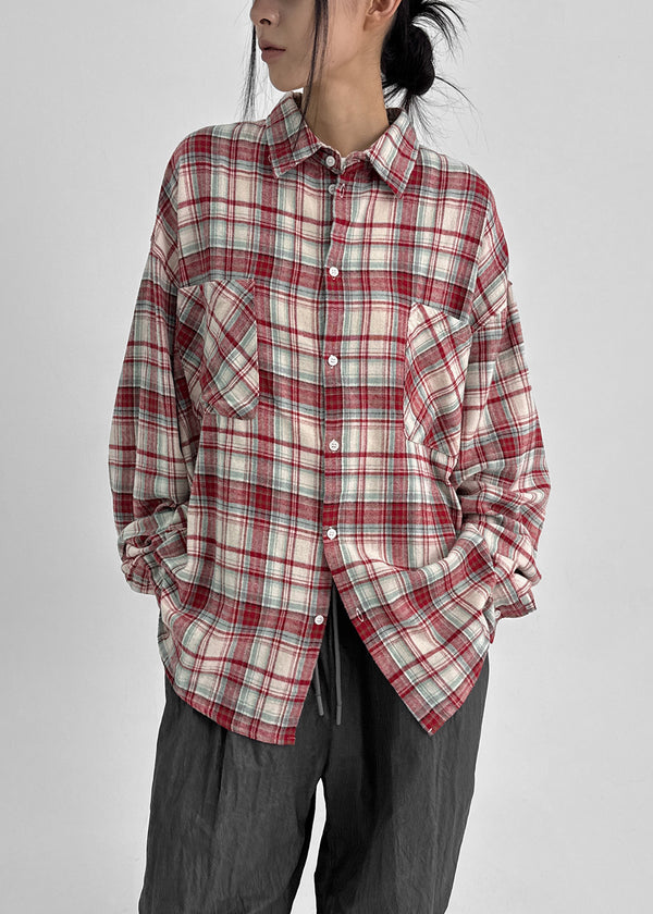 (UNISEX) Kenro Overfit Peach Fleece Check Shirt