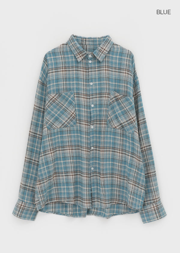 (UNISEX) Kenro Overfit Peach Fleece Check Shirt