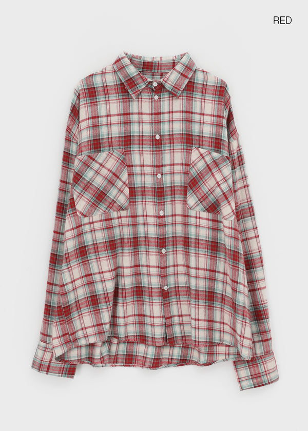 (UNISEX) Kenro Overfit Peach Fleece Check Shirt