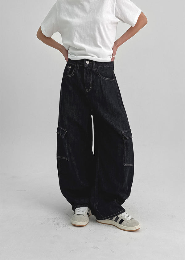 Benyun Non-fade Raw Balloon Cargo Denim Pants