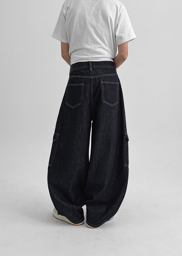 Benyun Non-fade Raw Balloon Cargo Denim Pants