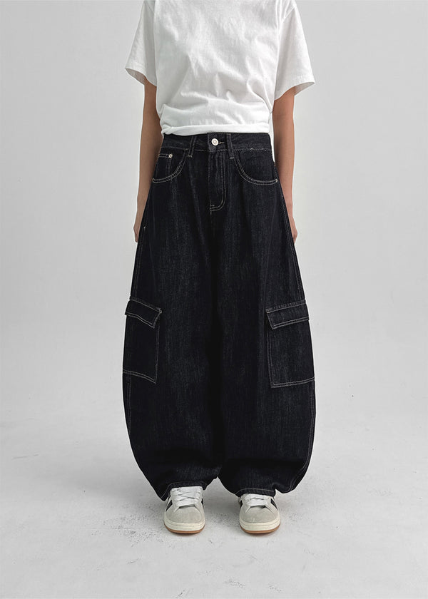 Benyun Non-fade Raw Balloon Cargo Denim Pants