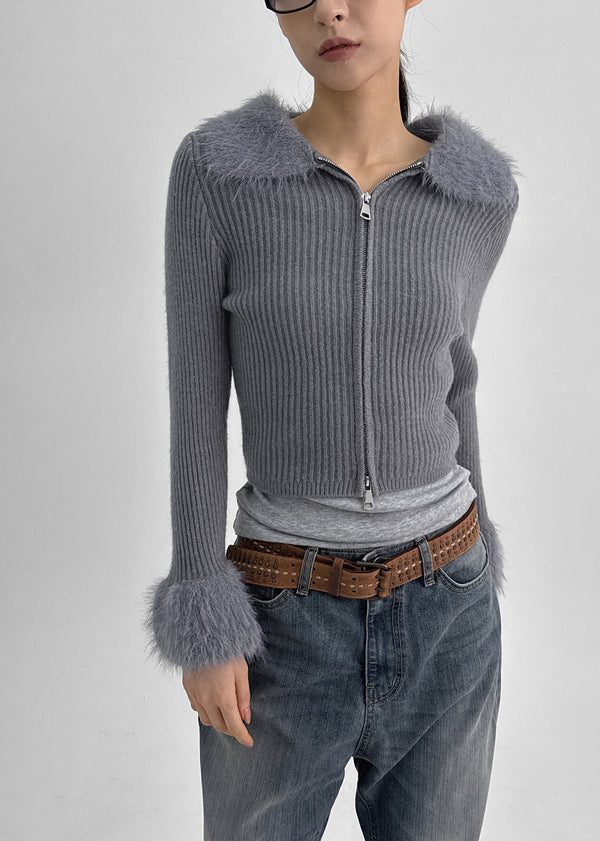 Dencel Fur Collar Knit Zip-Up