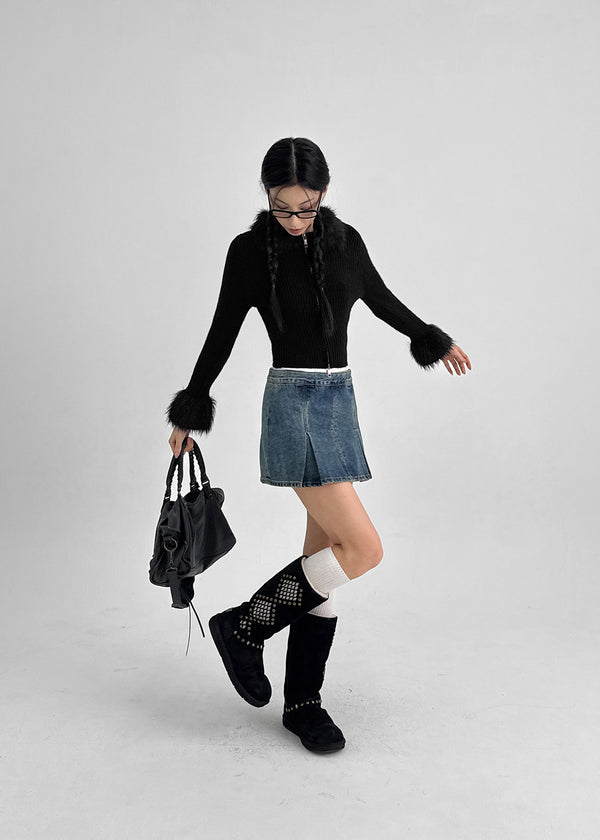 Dencel Fur Collar Knit Zip-Up