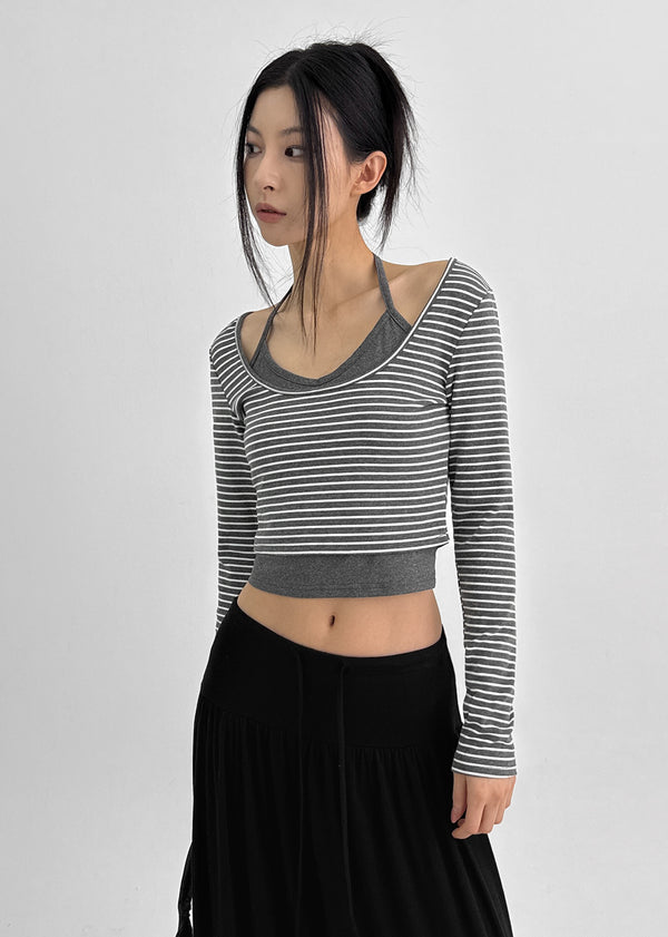 Popoa Set - Striped Long-sleeved T-shirt, Halter Top