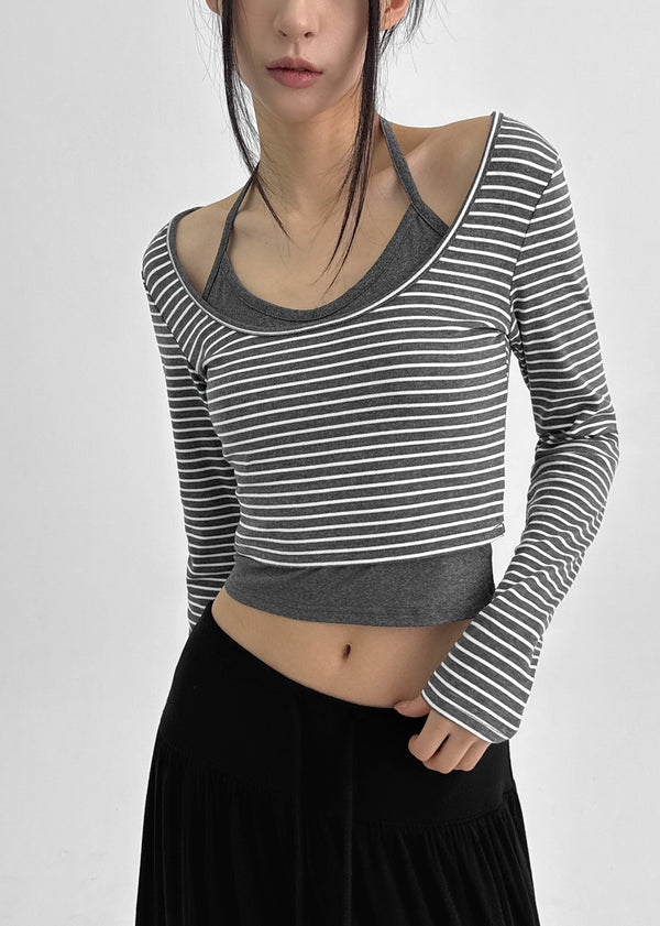 Popoa Set - Striped Long-sleeved T-shirt, Halter Top