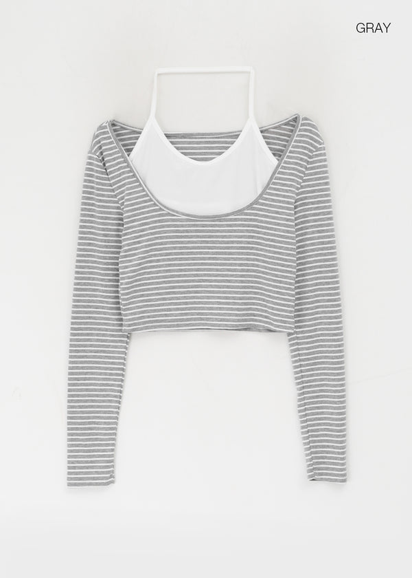 Popoa Set - Striped Long-sleeved T-shirt, Halter Top