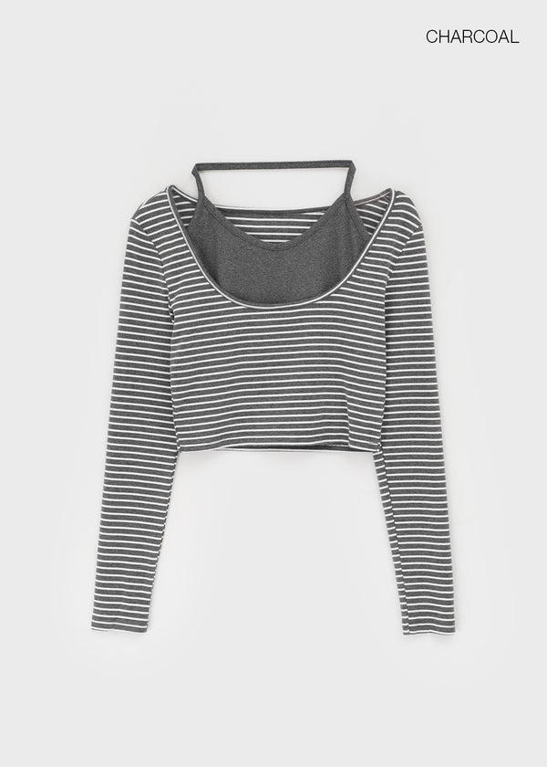 Popoa Set - Striped Long-sleeved T-shirt, Halter Top