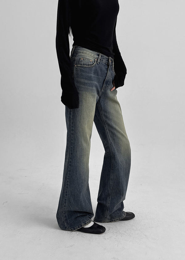 Calf Vintage Washed Bootcut Denim Pants