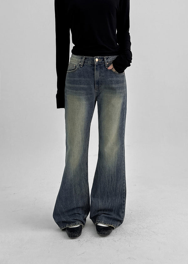 Calf Vintage Washed Bootcut Denim Pants