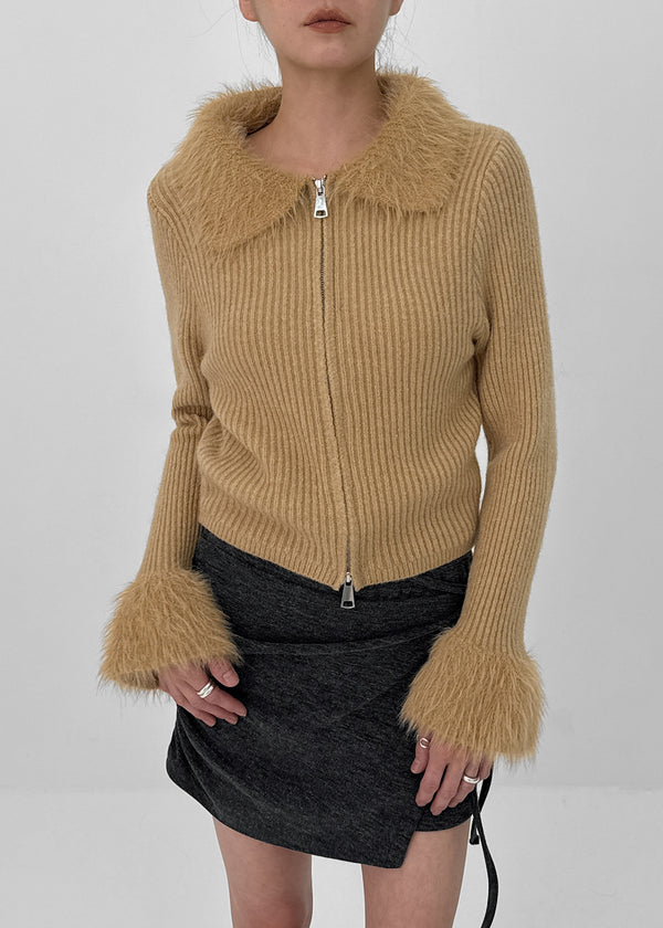 Dencel Fur Collar Knit Zip-Up