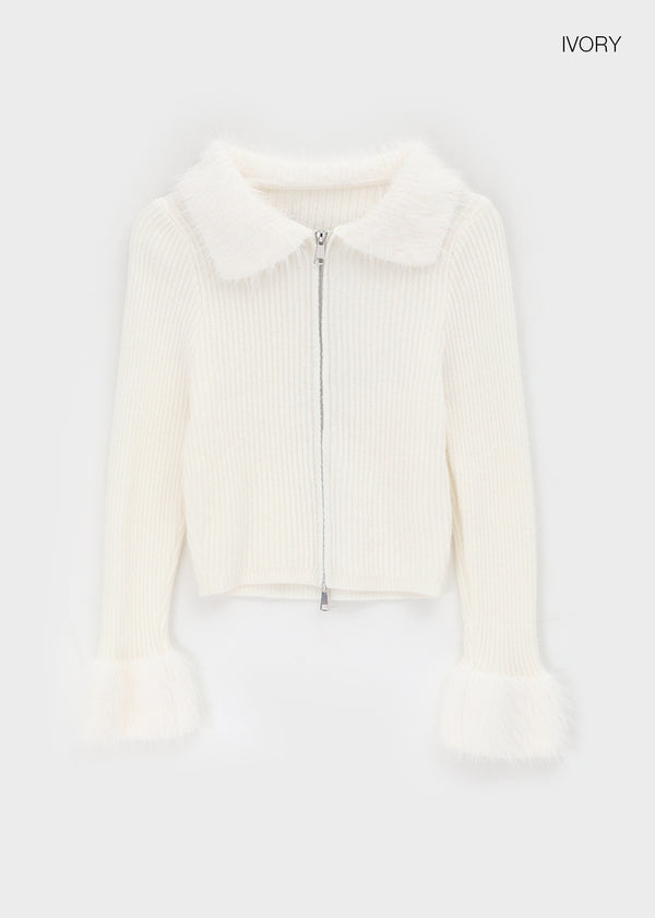 Dencel Fur Collar Knit Zip-Up