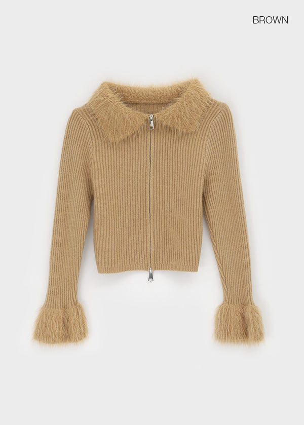 Dencel Fur Collar Knit Zip-Up